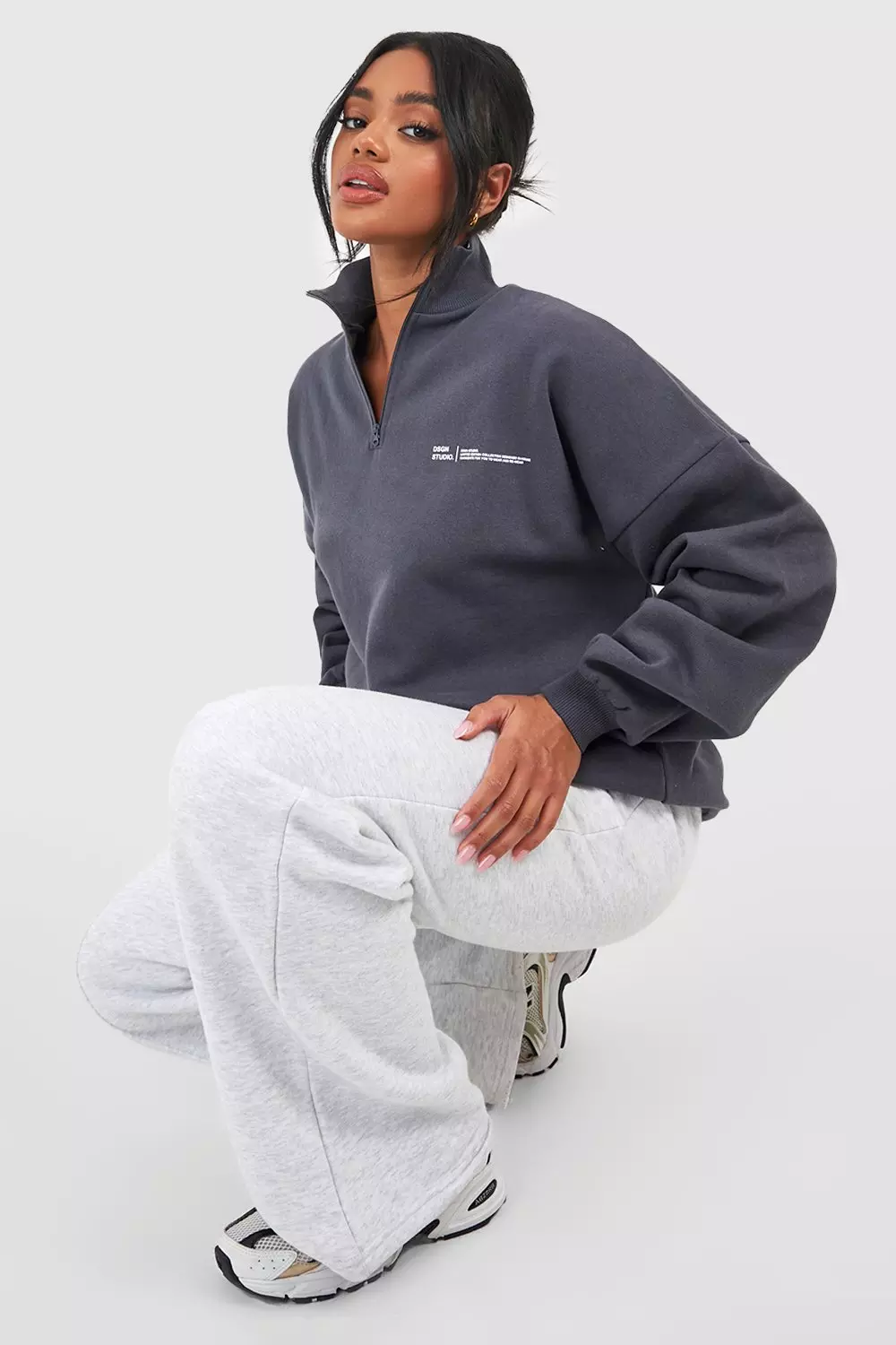 Charcoal Text Print Slogan Oversized Half Zip Sweatshirt alternative image
