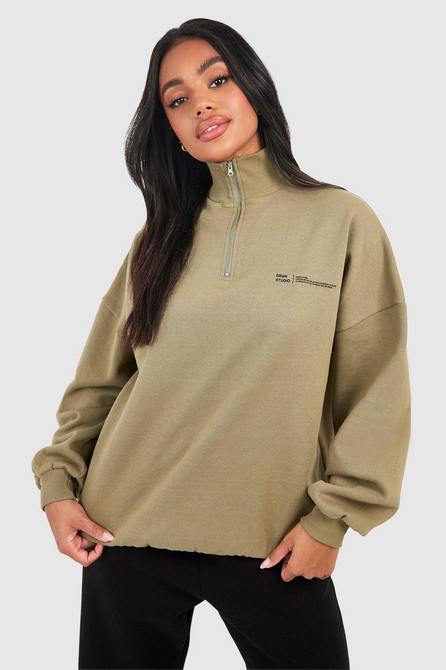 Khaki Oversize sweatshirt med kort dragkedja och slogan image number 1