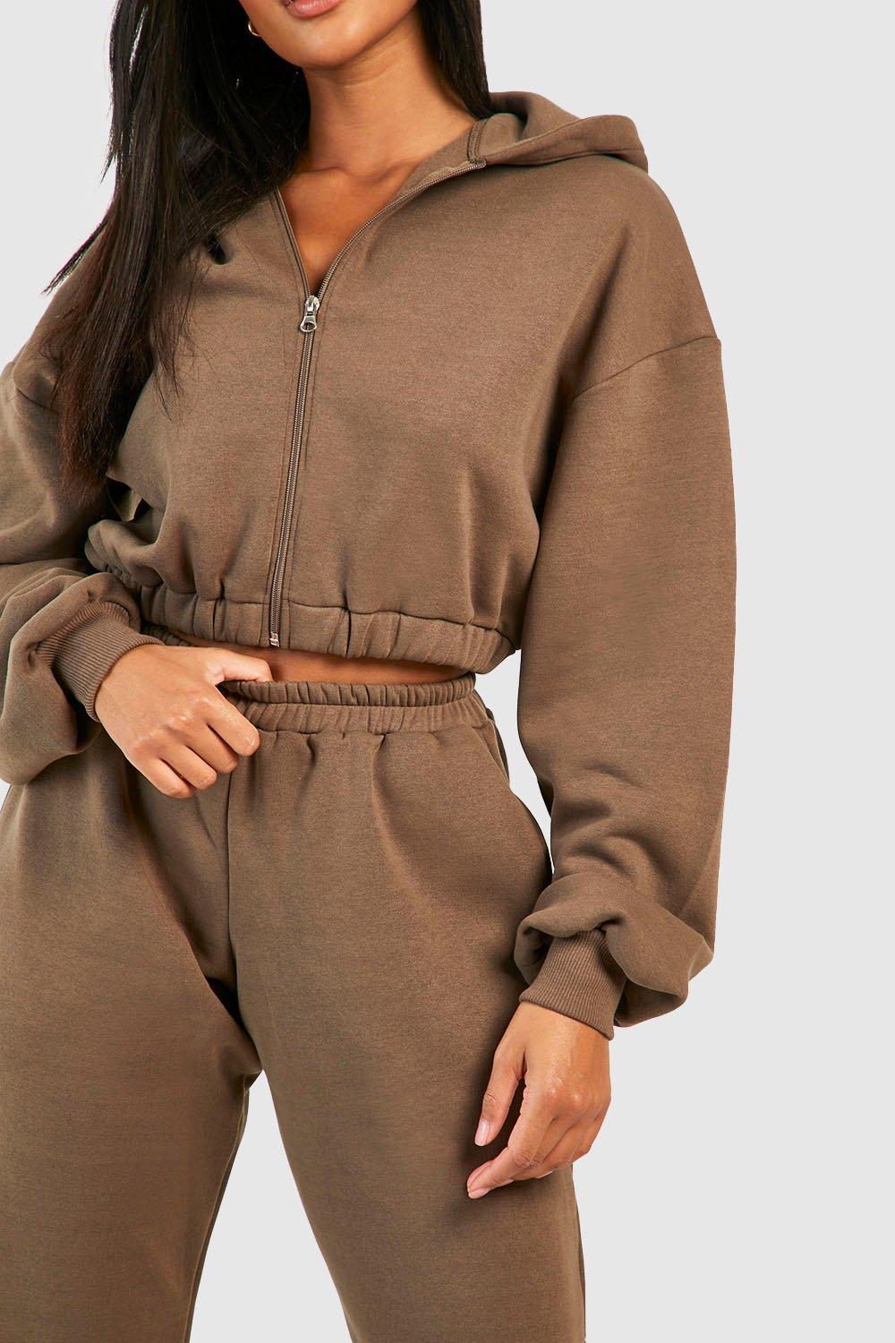 Cropped zip-through hoodie - Brown - Ladies