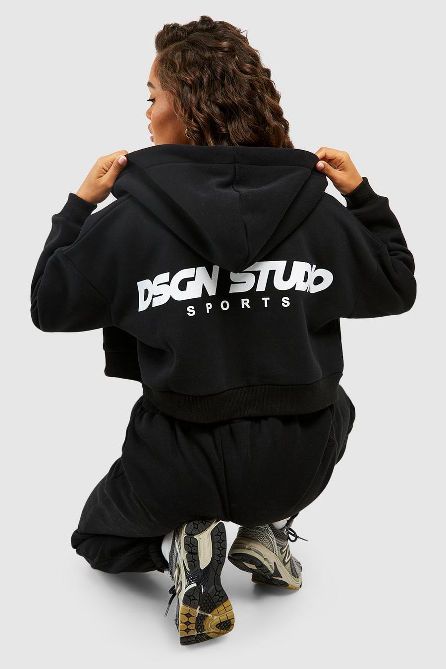 Black Dsgn Studio Sports Boxy Crop Zip Through Hoodie 