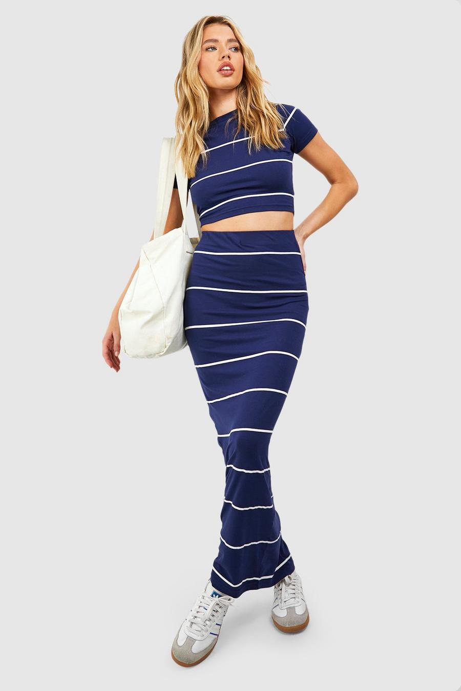 Navy Stripe Bodycon Maxi Skirt 