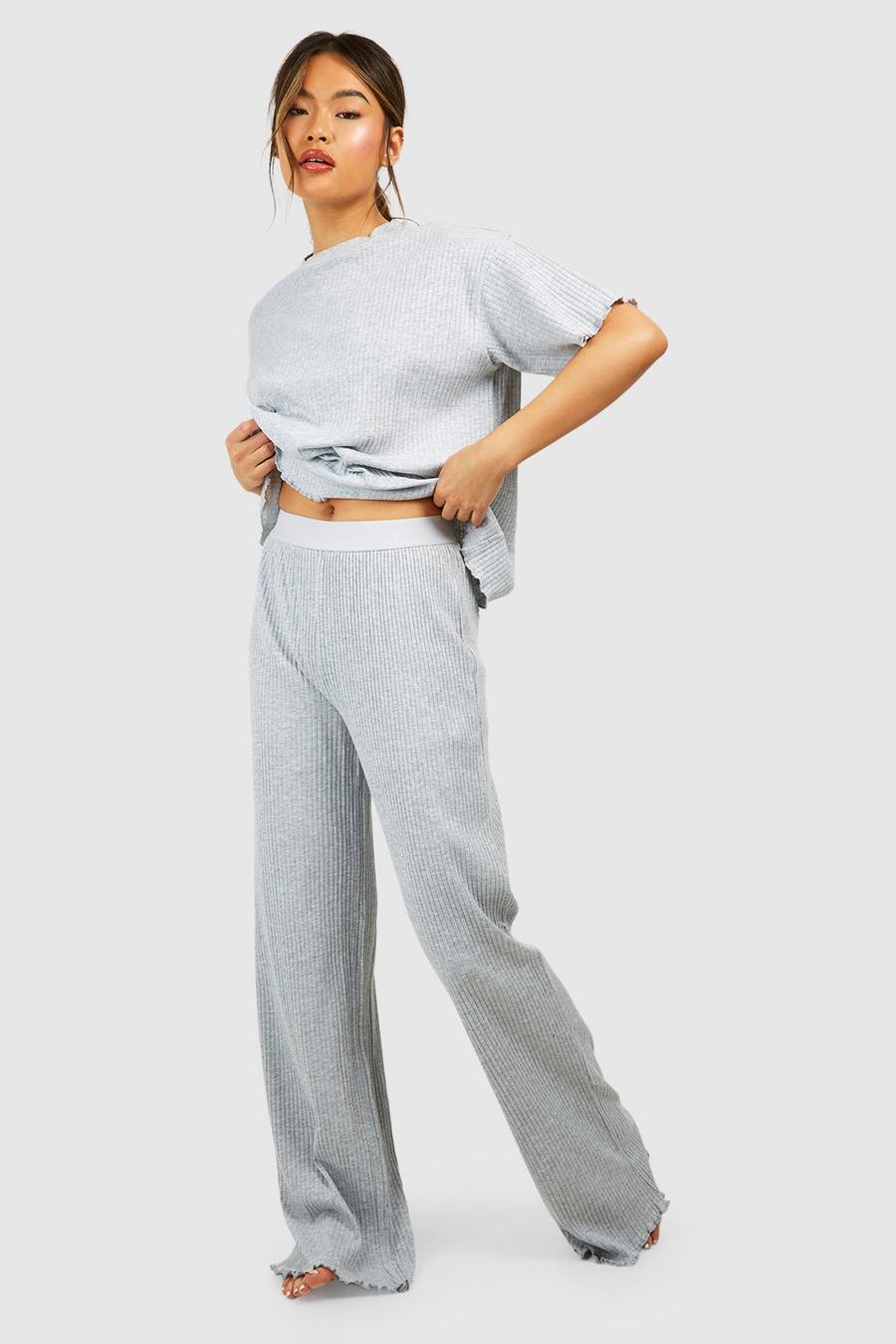 Pantalón de pernera ancha y canalé, Grey marl image number 1