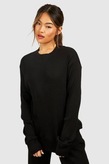 Oversized Geribbeld T-Shirt Met Lange Mouwen black