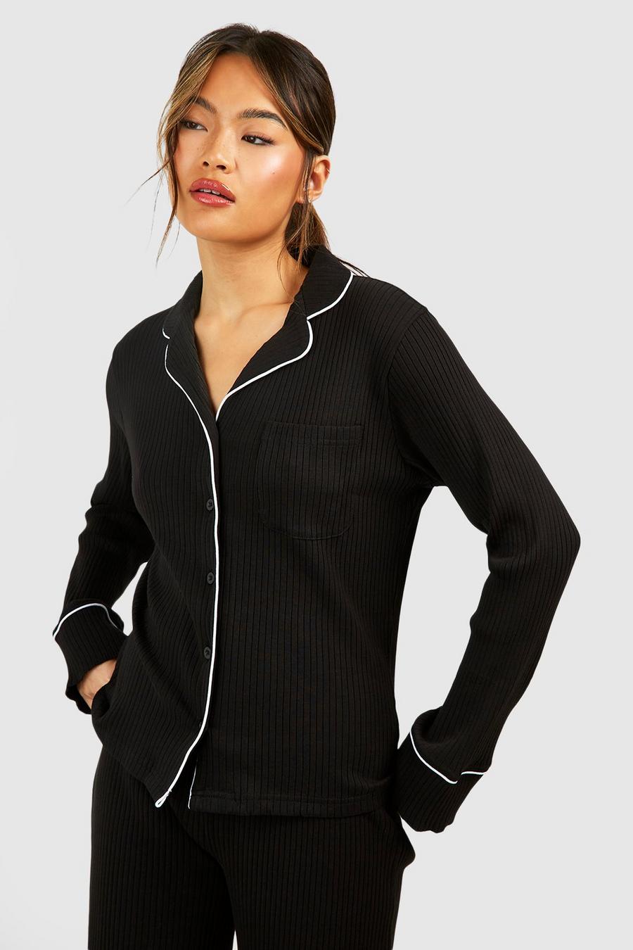 Black Rib Long Sleeve Button Front Shirt  image number 1