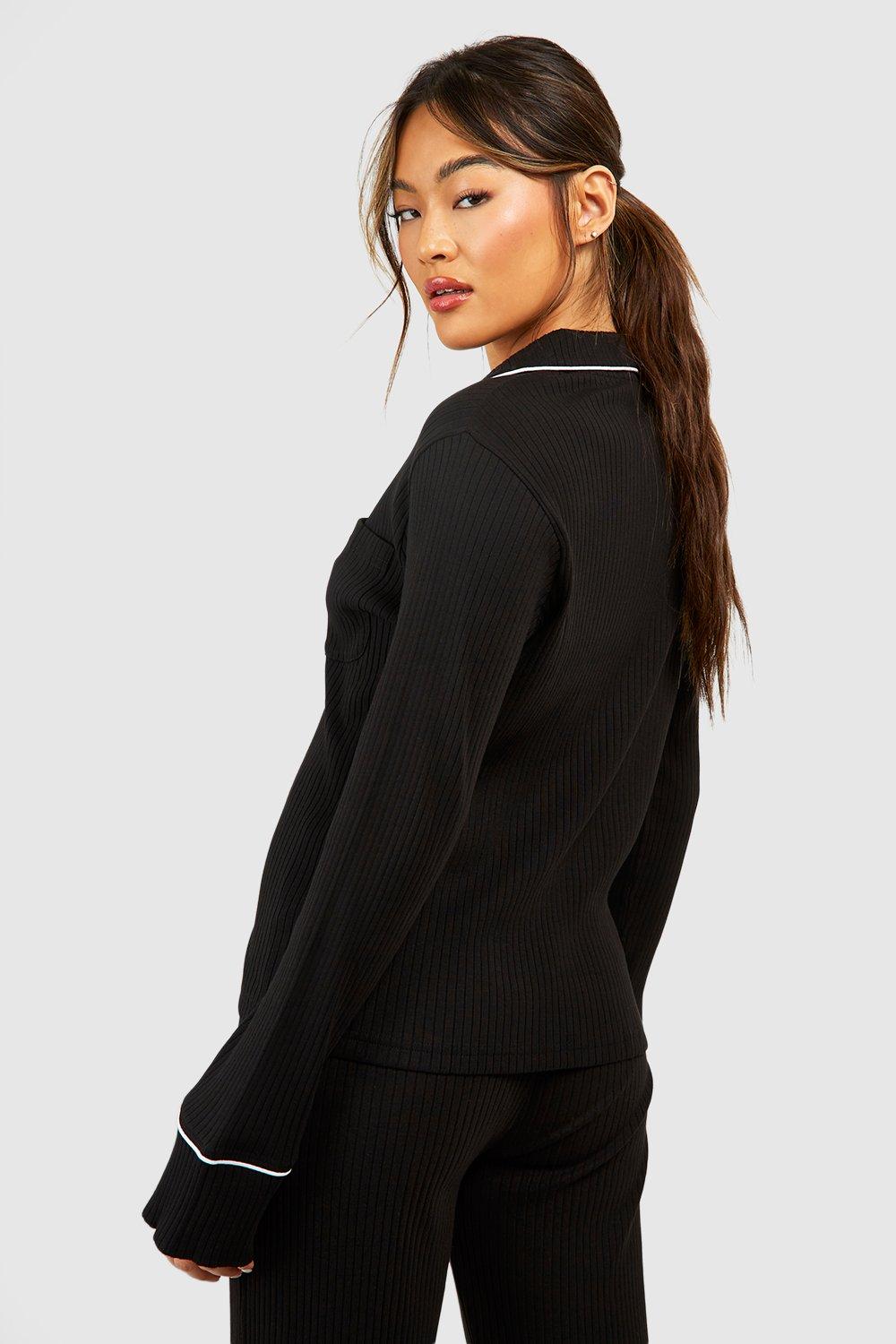 Women Black Rib Long Sleeve Front Zip Top