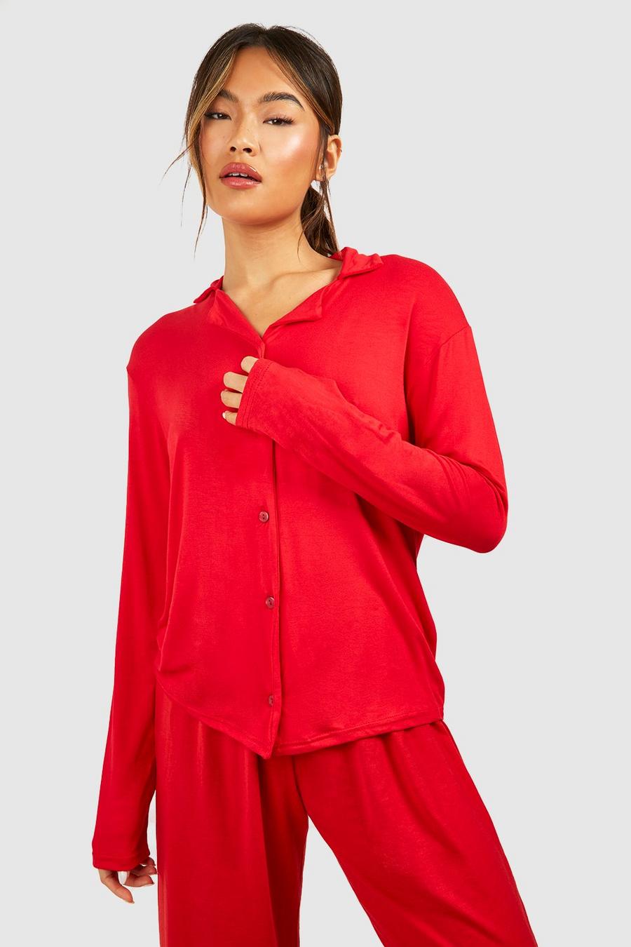Red Soft Touch Jersey Knit Button Shirt image number 1