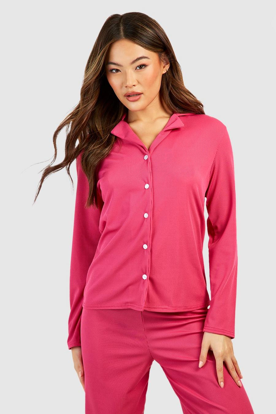 Camisa de pijama de canalé y tela jersey con botones frontales, Pink rosa