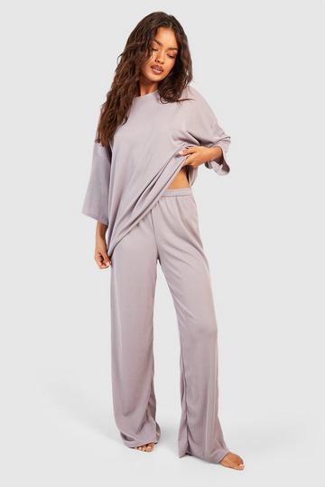 Grey Wide Leg Rib Trousers