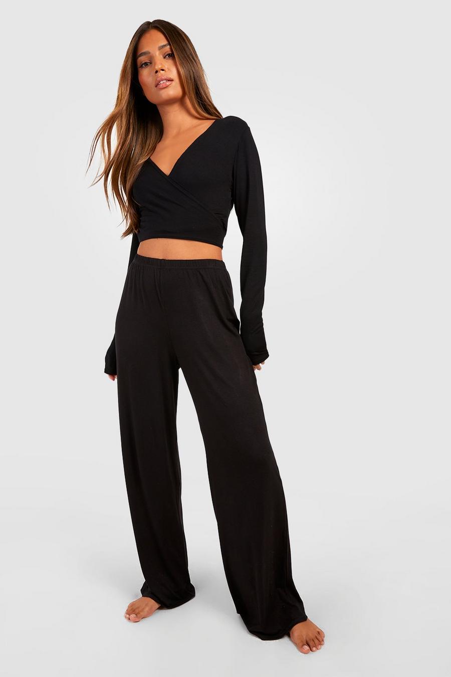 Black Wide Leg Soft Touch Jersey Knit Pants image number 1