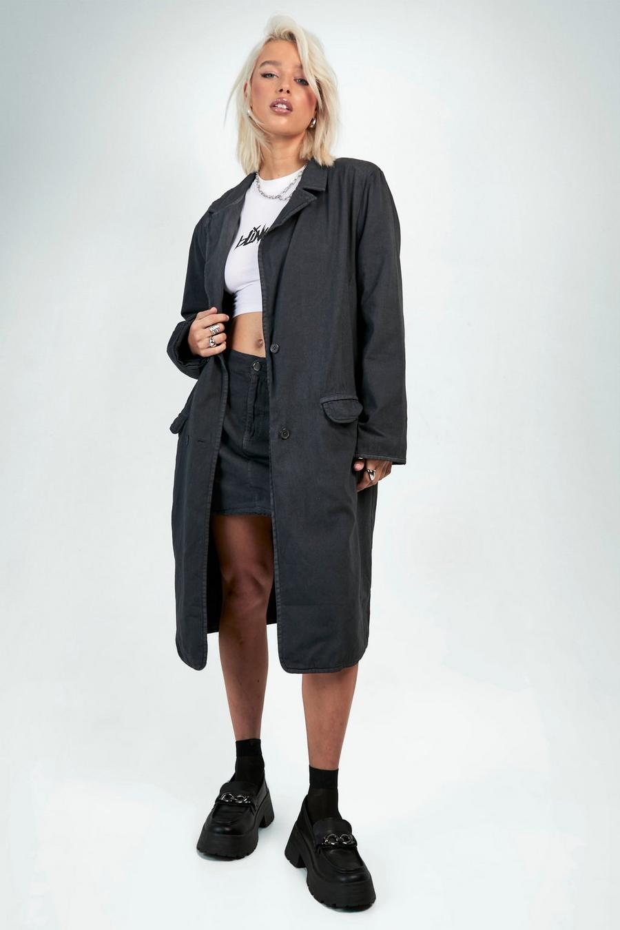 Women's Charcoal Plaid Coat, Charcoal Oversized Sweater, Black