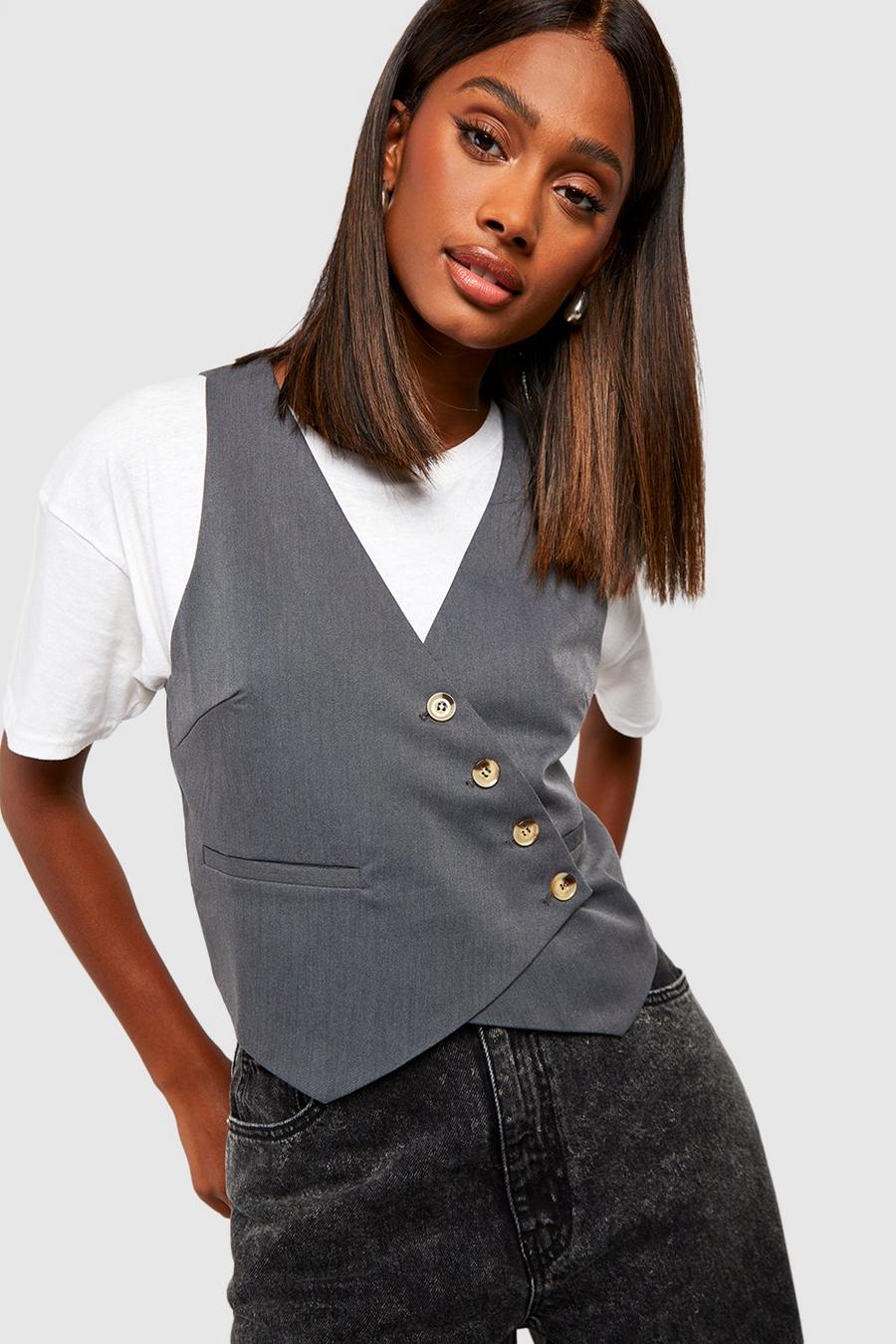 Charcoal Mock Horn Asymmetric Tailored Waistcoat image number 1