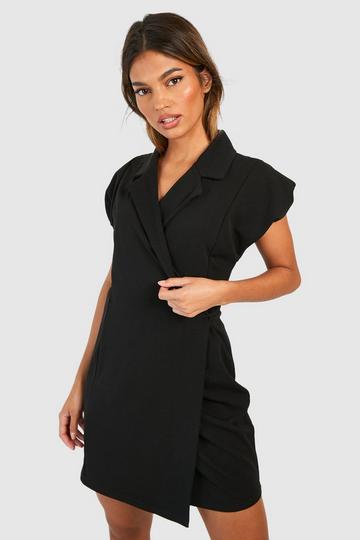 Crepe Shoulder Pad Wrap Front Blazer Dress black