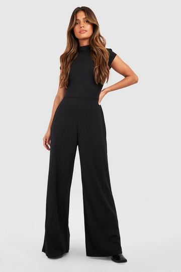 Crepe High Neck Cap Sleeve Wide Leg Jumpsuit black