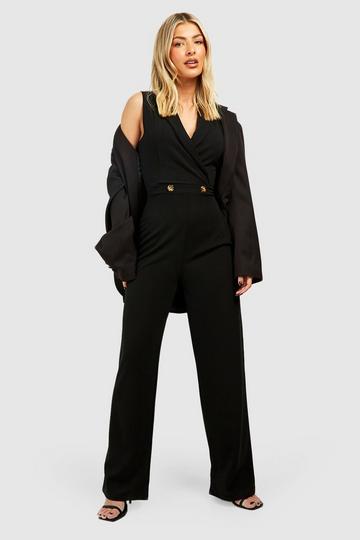 Black Plunge Lapel Wide Leg Tailored Jumpsuit