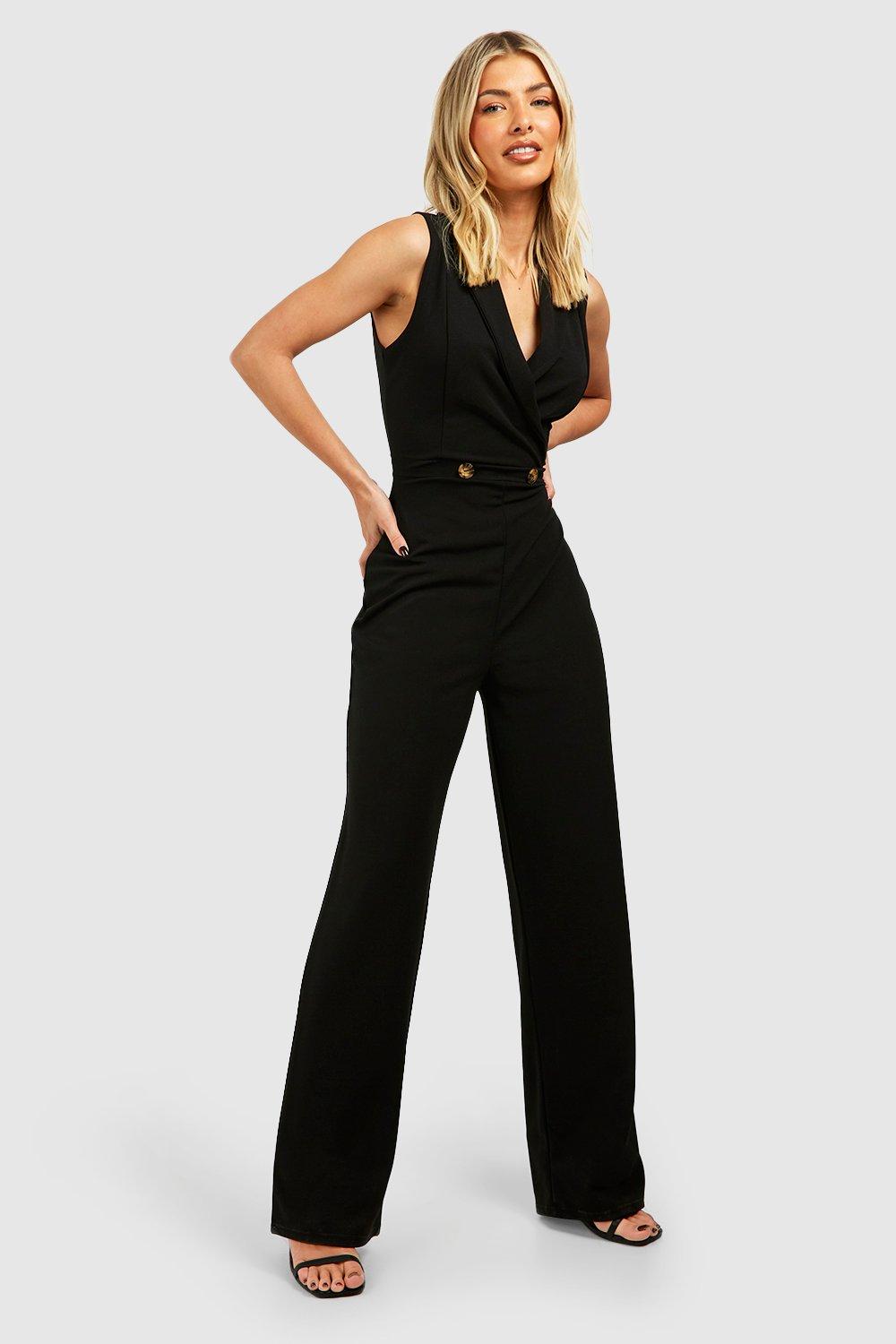 Plunge Lapel Wide Leg Tailored Jumpsuit