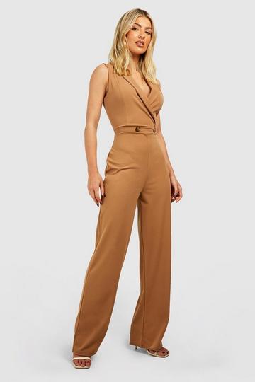 Plunge Lapel Wide Leg Tailored Jumpsuit camel