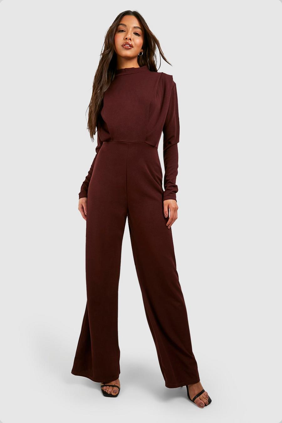 Chocolate Pleat Detail Tailored Wide Leg Jumpsuit image number 1