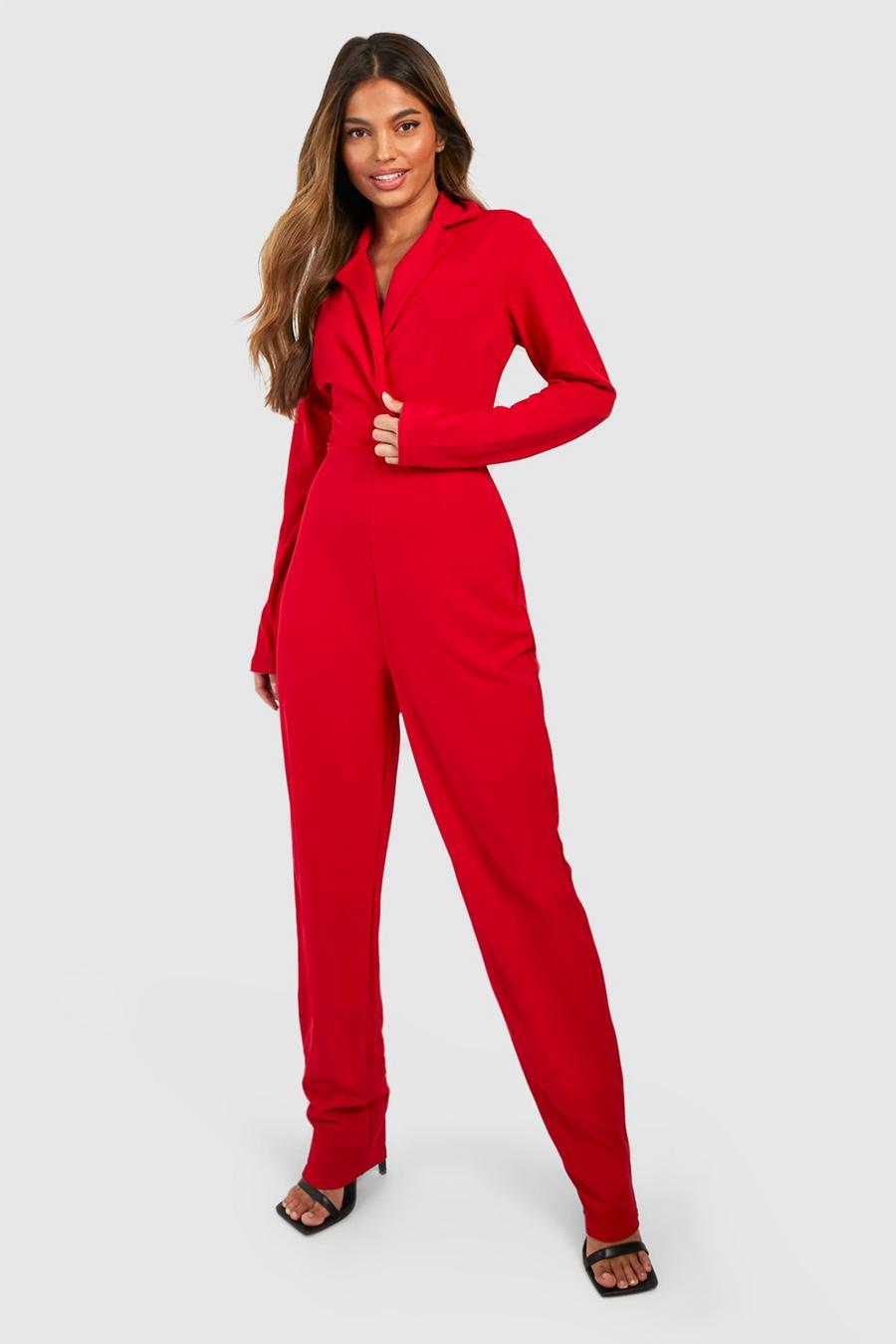 Red Getailleerde Slim Fit Wikkel Jumpsuit Met Blazer Detail