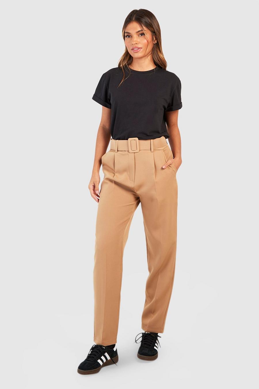 Camel Self Fabric Belted Slim Fit Trousers image number 1