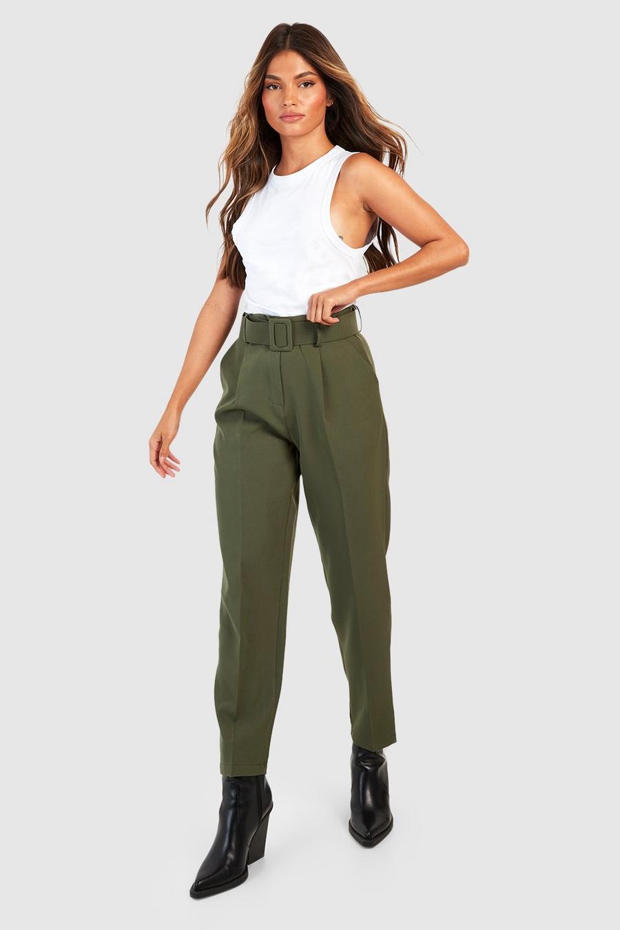Khaki Self Fabric Belted Slim Fit Trousers image number 1