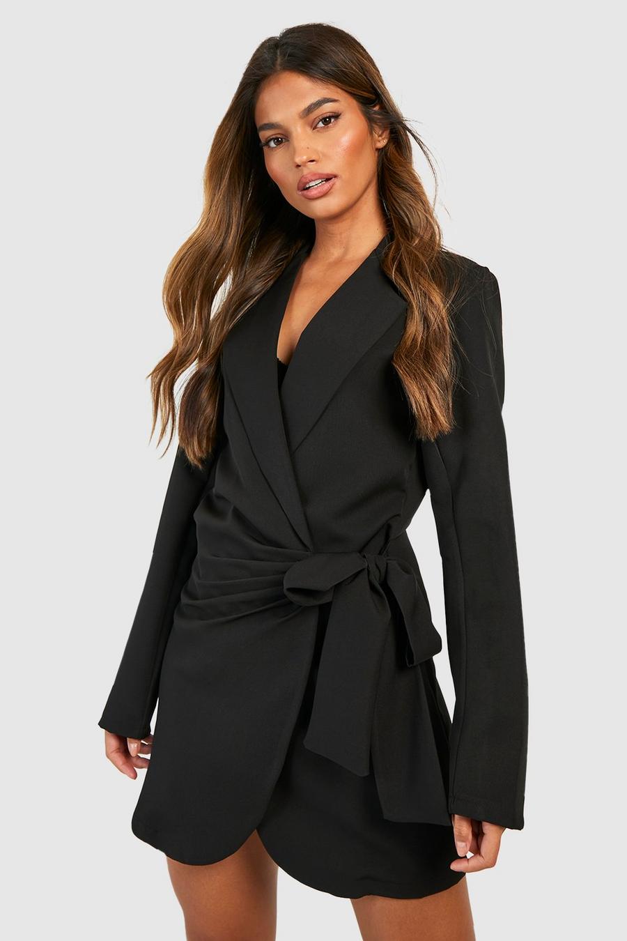 Black Wrap Drape Front Tailored Blazer Dress