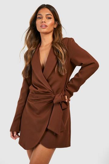 Chocolate Brown Wrap Drape Front Tailored Blazer Dress