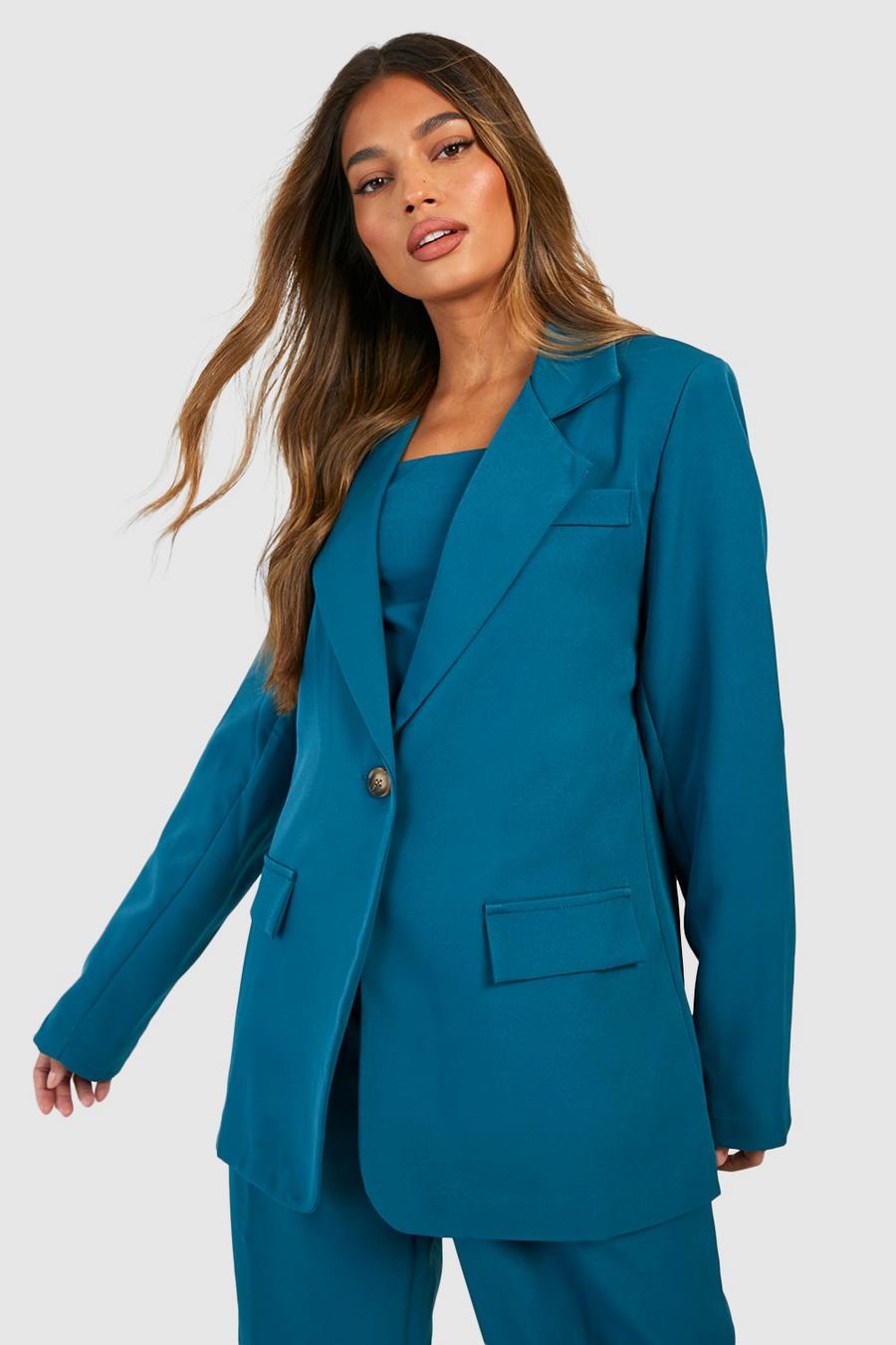 Teal Single Breasted Relaxed Fit Tailored Blazer image number 1