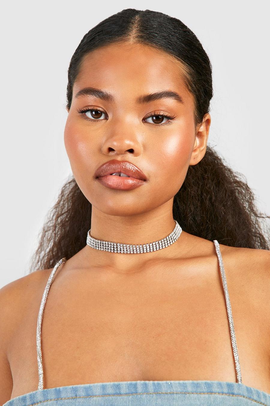 Silver Diamante Choker Necklace image number 1