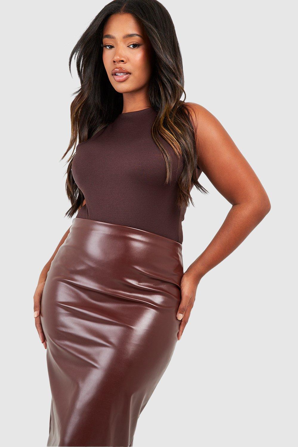 Chocolate leather pencil skirt