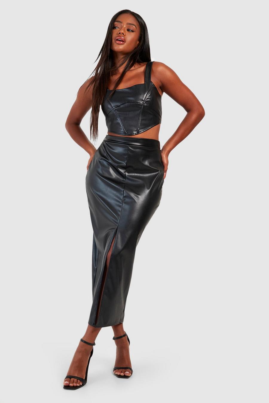Black Faux Leather Split Hem Midi Skirt image number 1