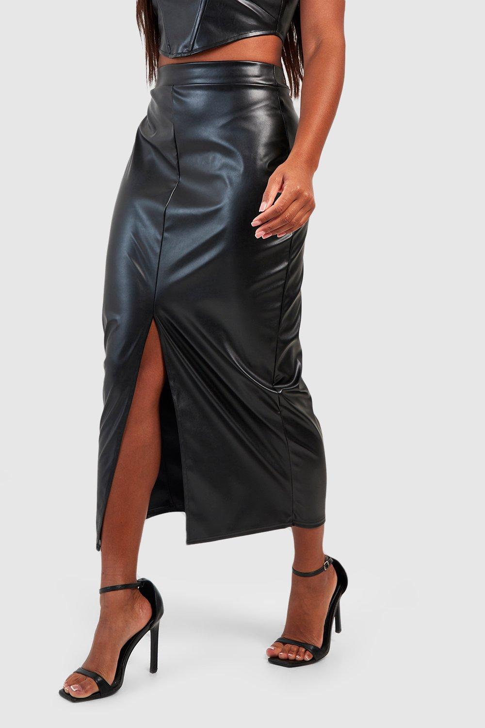 Faux Leather Split Hem Midi Skirt