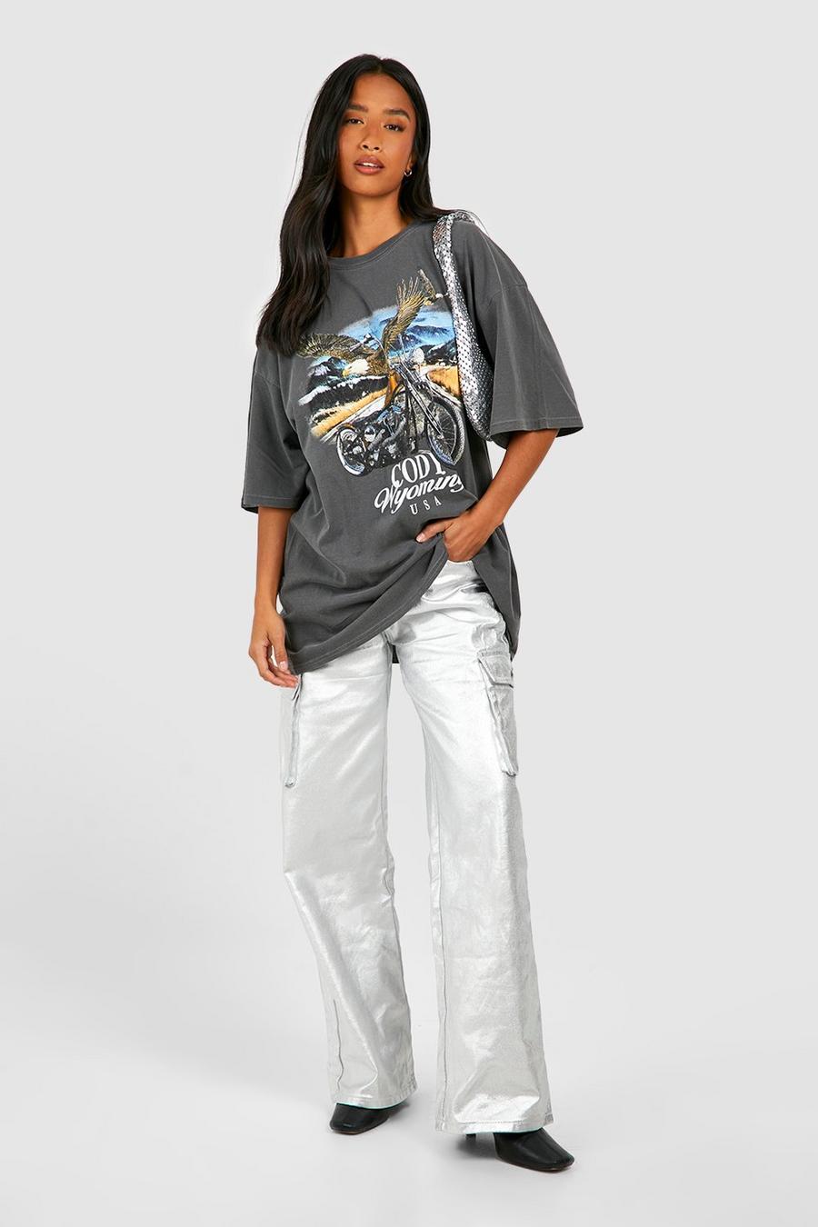 Camiseta Petite oversize desteñida con estampado de águila, Charcoal grigio