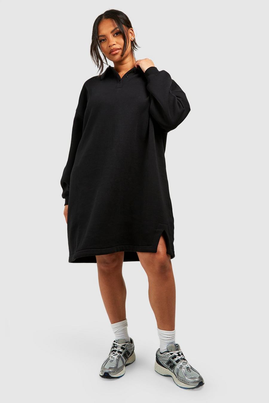 Plus Super Oversize Sweatshirt-Kleid mit Rugby-Kragen, Black