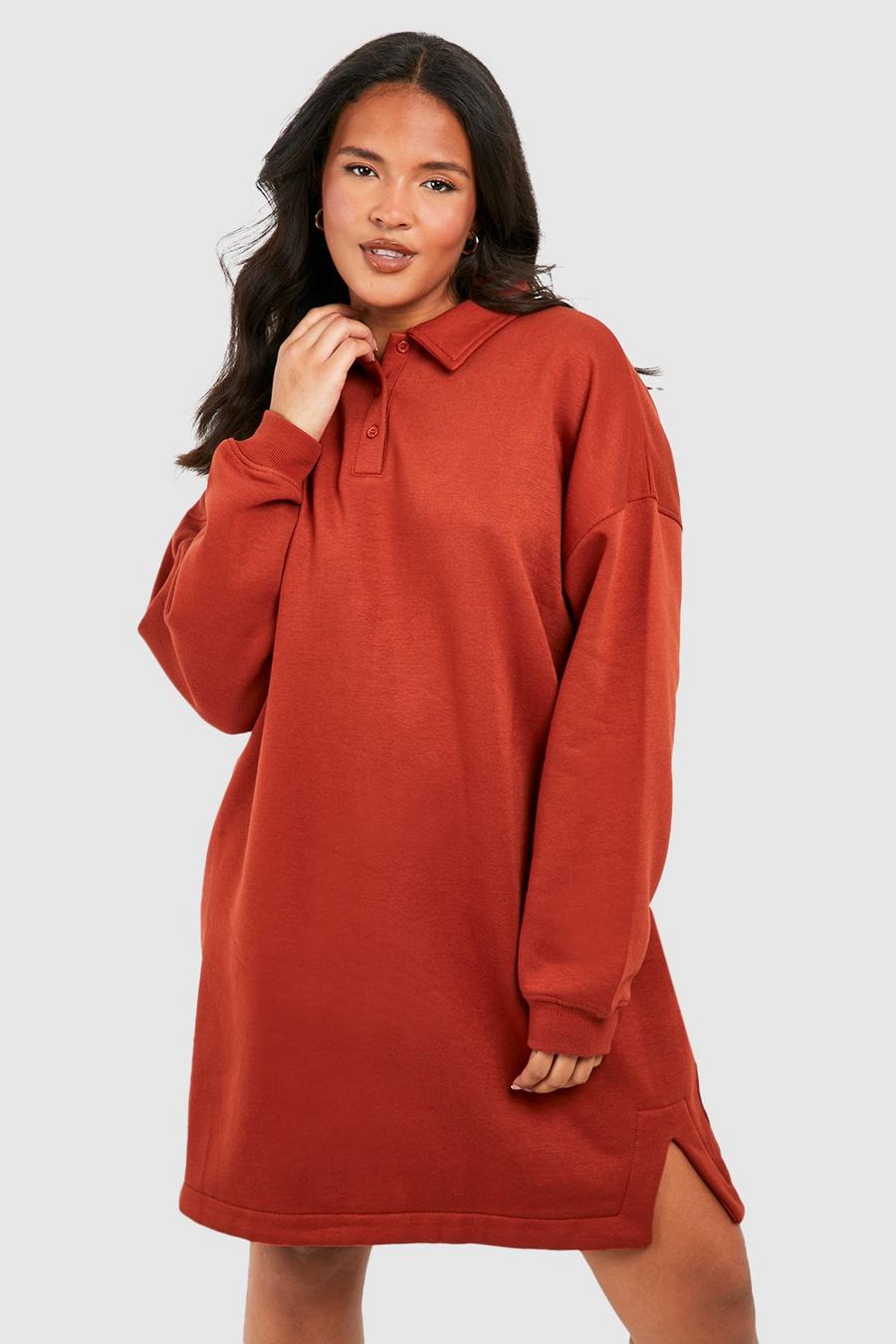 Plus Super Oversize Sweatshirt-Kleid mit Rugby-Kragen, Tan image number 1