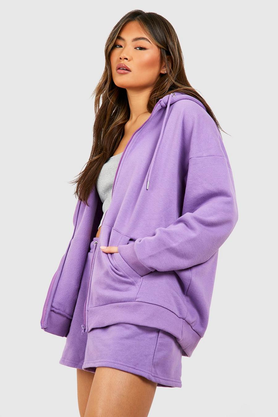 Purple Oversized Zip Through Hoodie With Reel Cotton