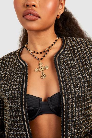 Beaded Layered Cross Detail Necklace gold
