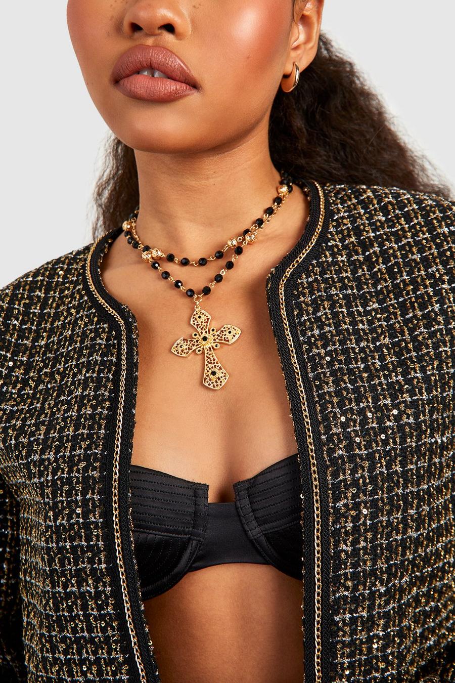 Gold Beaded Layered Cross Detail Necklace 