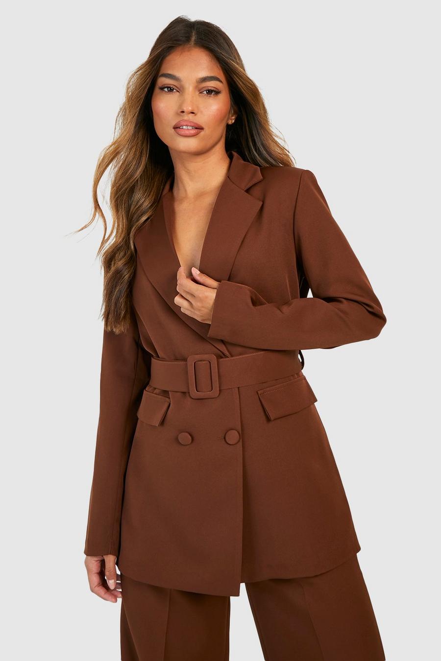 Chocolate Double Breasted Self Fabric Belted Blazer