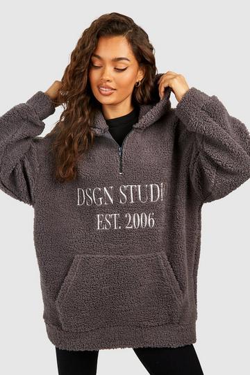 Premium Borg Dsgn Studio Slogan Half Zip Hoodie charcoal