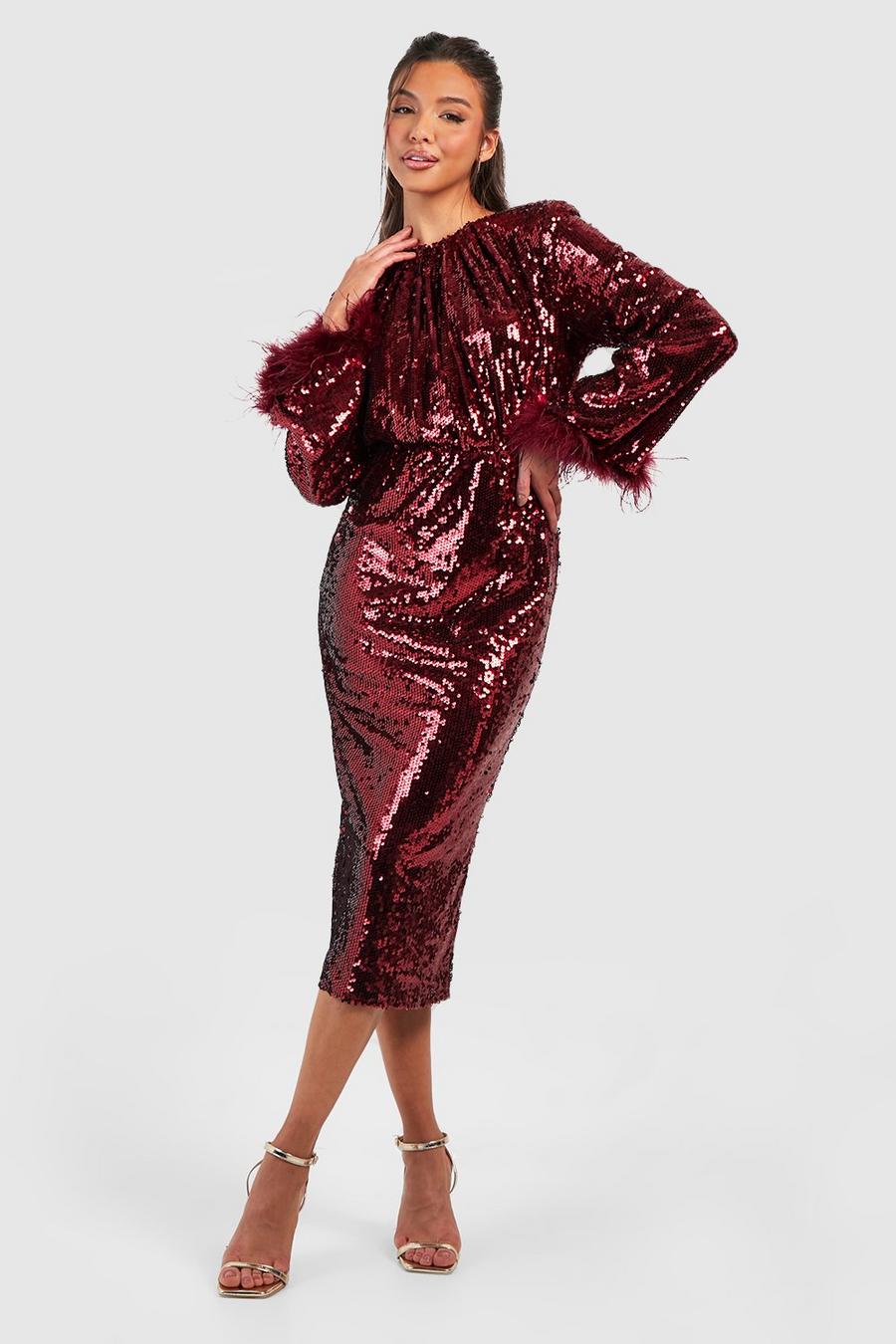 Berry red Feather Cuff Sequin Midi Dress