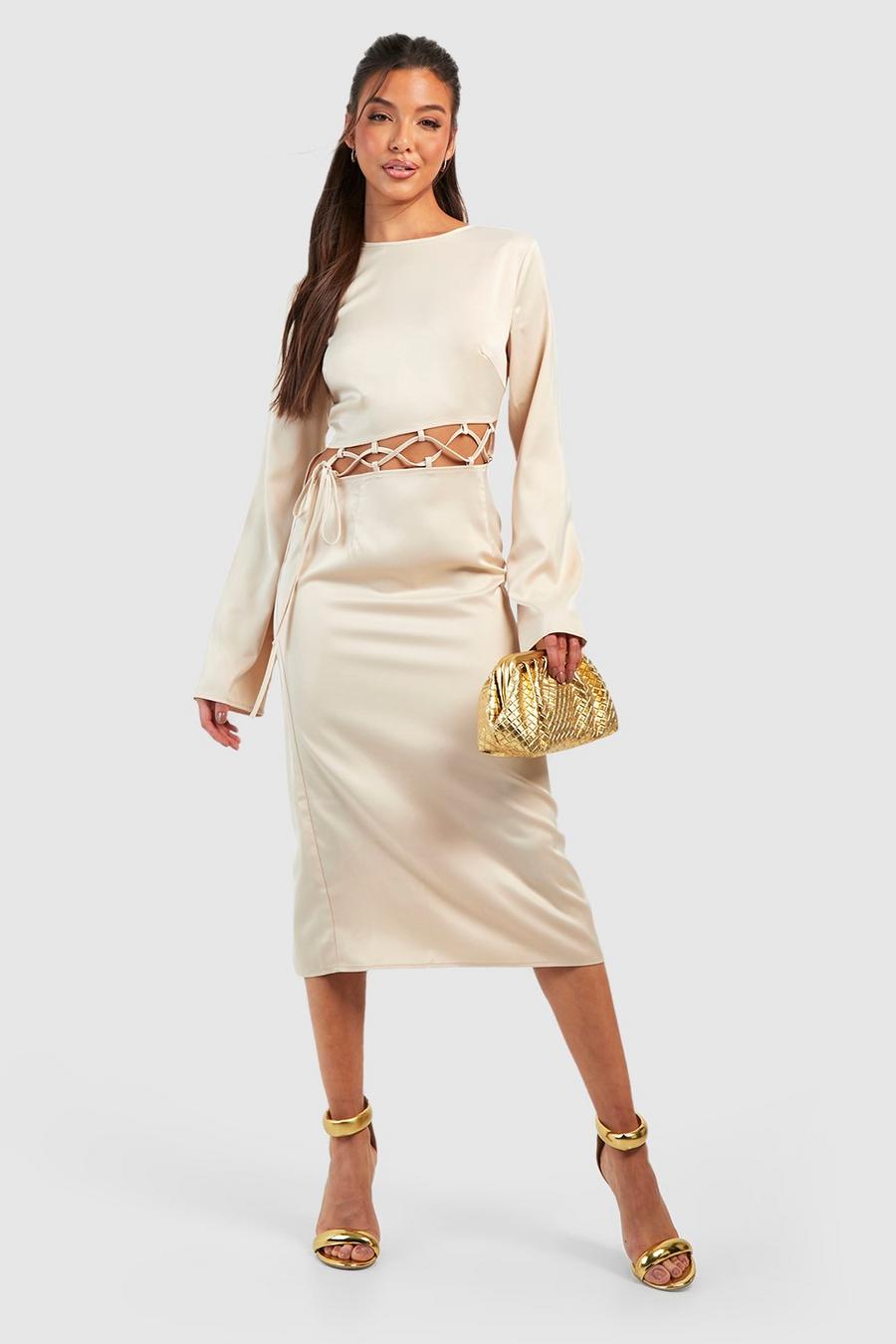 Champagne Satin Lace Up Midi Dress image number 1