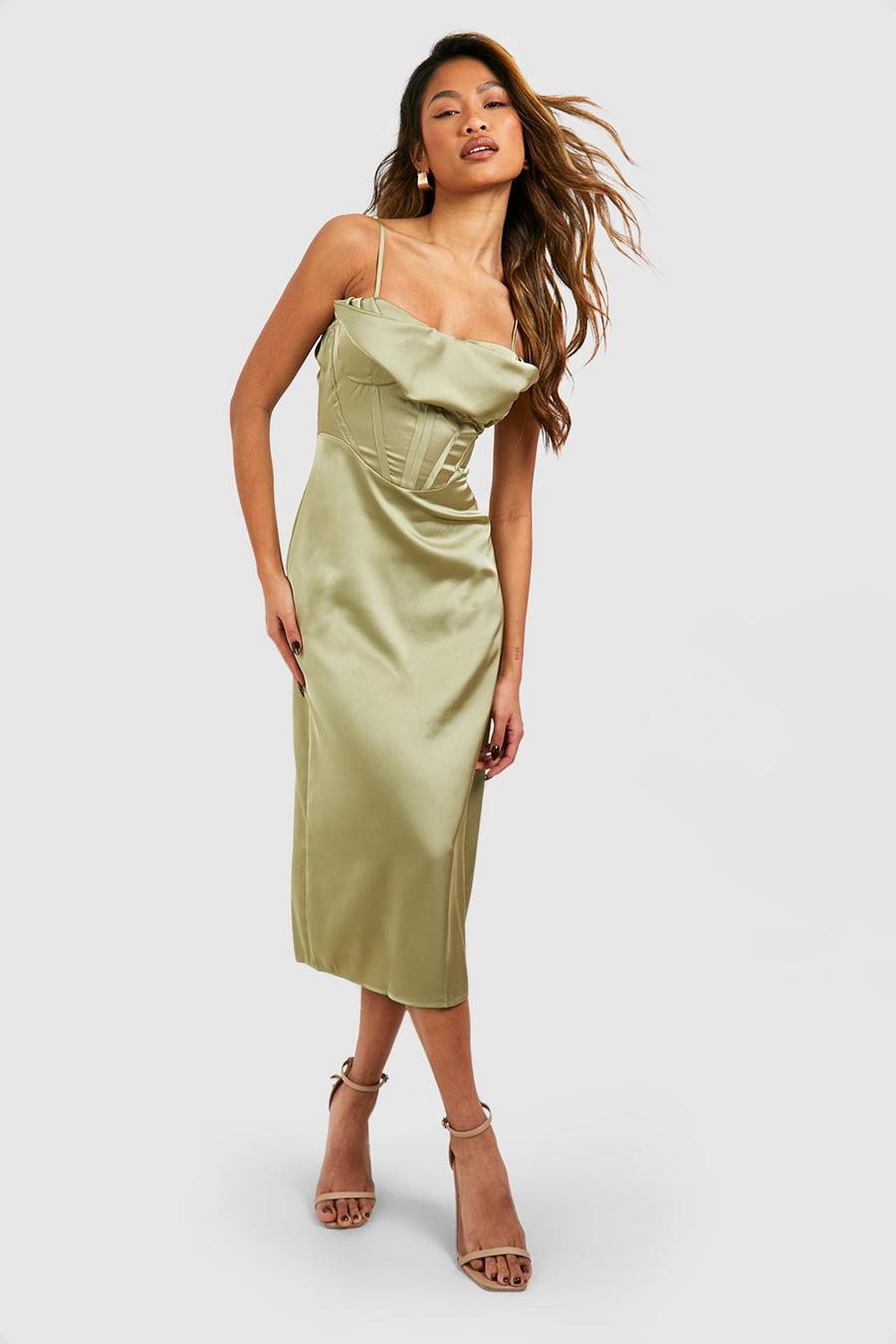 Vestito midi in raso con dettagli stile corsetto, Olive image number 1