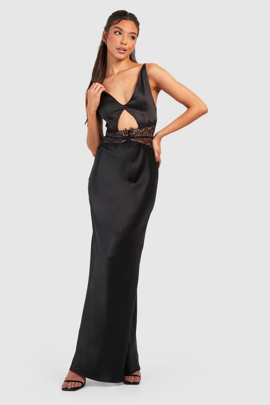 Black Satin Paneled Lace Maxi Slip Dress image number 1