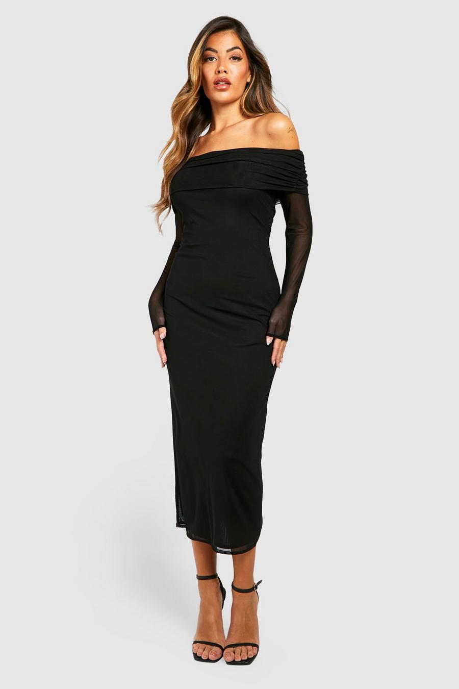 Vestito longuette in rete con scollo Bardot, Black image number 1