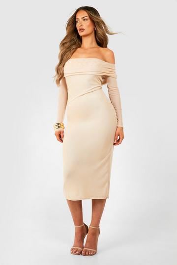 Mesh Bardot Midaxi Dress stone