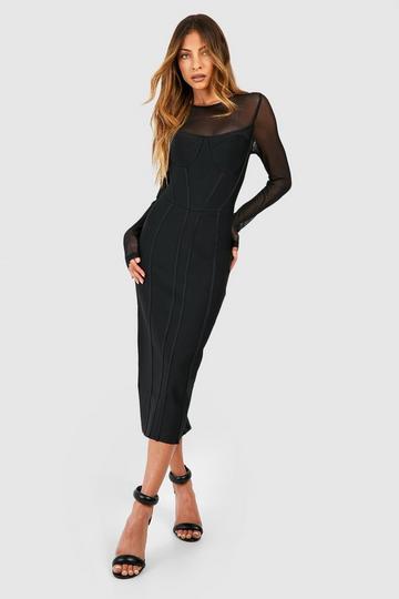 Black Bandage Mesh Insert Midi Dress