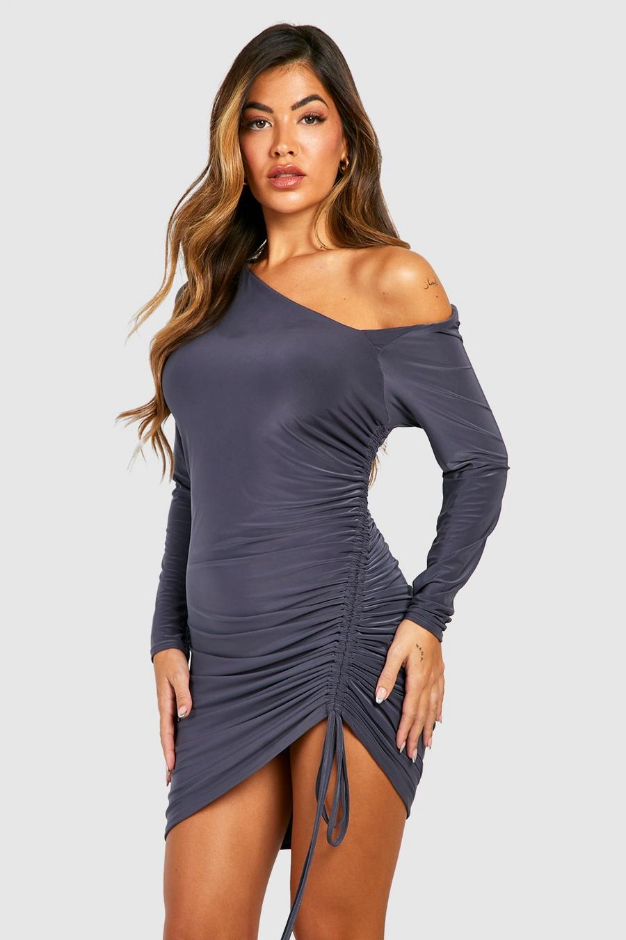 Charcoal Double Slinky Rouched Asymmetric Mini Dress image number 1