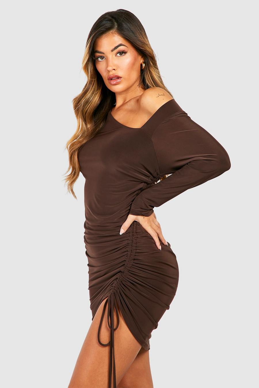 Chocolate Double Slinky Rouched Asymmetric Midaxi Dress image number 1