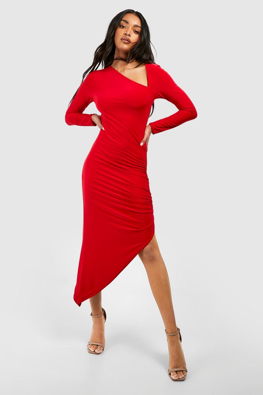 Red Double Slinky Ruched Asymmetric Midi Dress image number 1