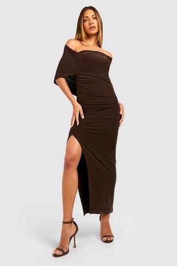 Chocolate Brown Double Slinky Ruched Midi Dress